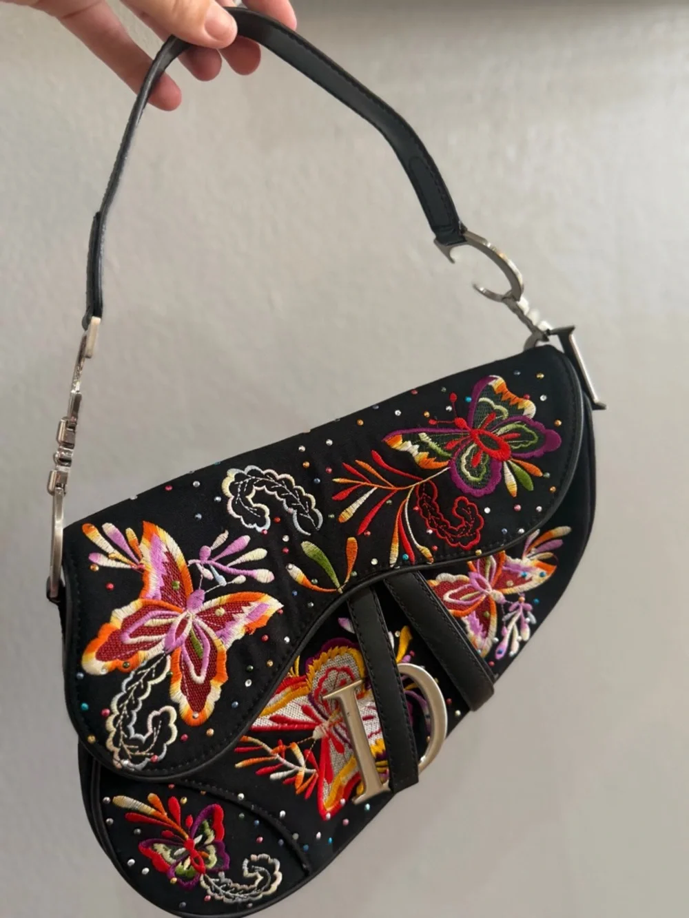 Dior Black Embroidered Butterfly Saddle Bag with Multicolor Accents - Picture 4 of 11